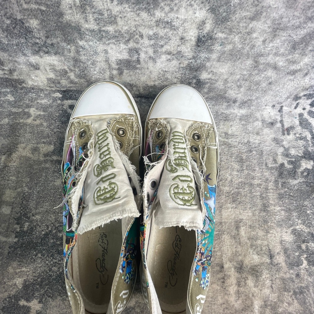 Ed Hardy Womens 7 Casual Slip-on Sneakers Y2K Tattoo Art Canvas Green Distressed - Picture 7 of 12